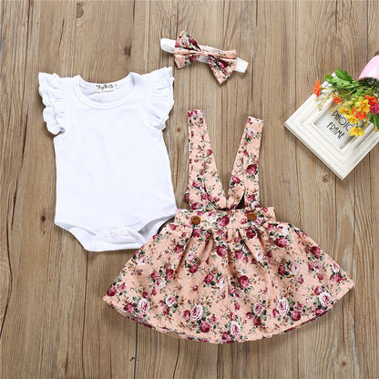 Girls' Cotton White Flying Sleeve Short-sleeved Romper Flower Suspenders Skirt Head Knot