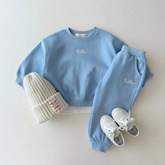 Color Sweater Suit Sweater Sweatpants Solid Color English Letters Unisex Baby Suit