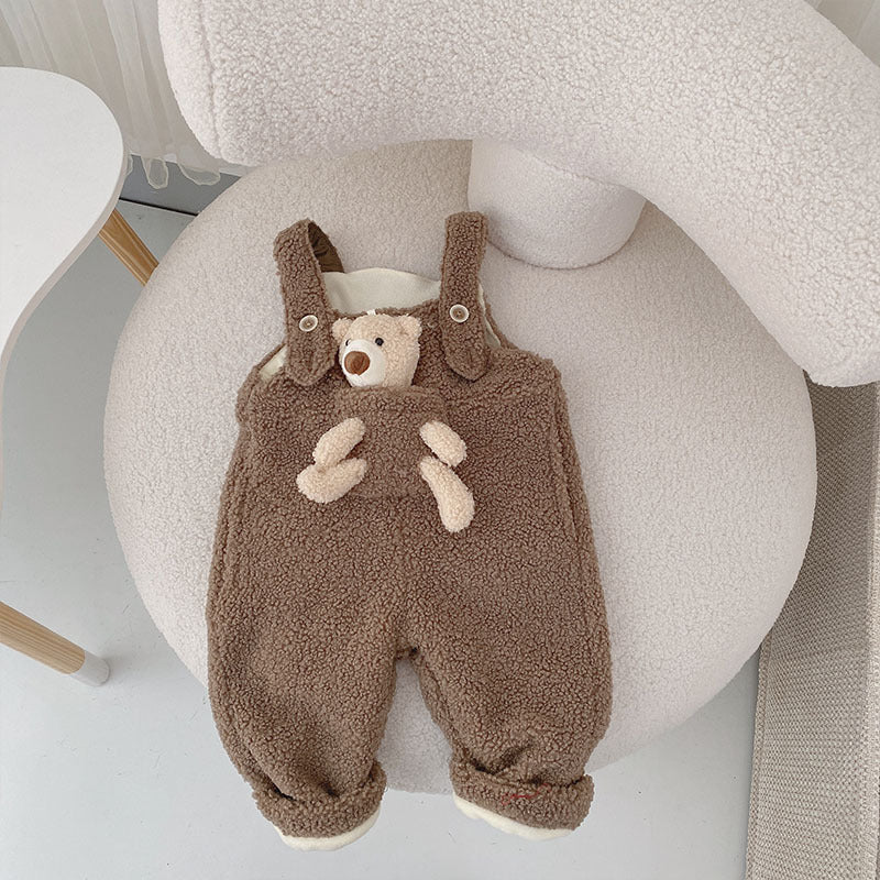 Children's Pocket Bear Trousers Winter Plus Velvet Overalls