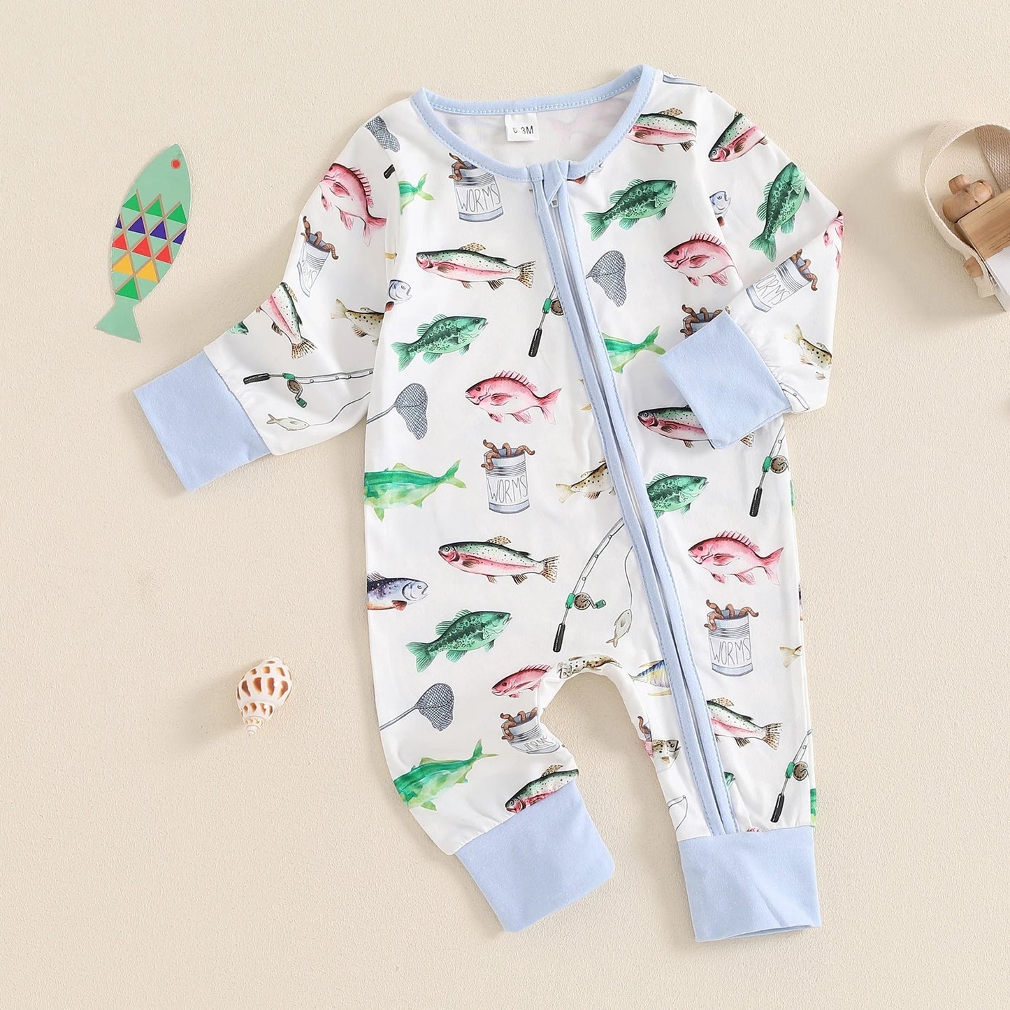 Long Sleeve Little Fish Printed One-piece Romper