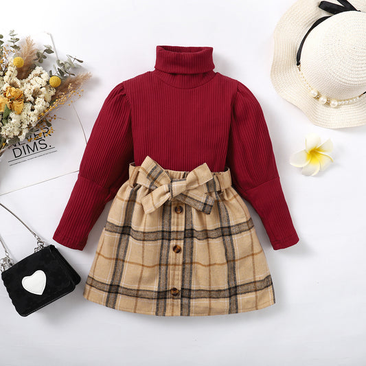 Girls' Autumn And Winter Solid Color Long-sleeved Top Plaid Skirt Two-piece Suit