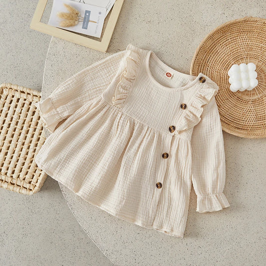 Baby Girl Dress, Crew Neck Buttons Solid Color Ruffled A-line Dress