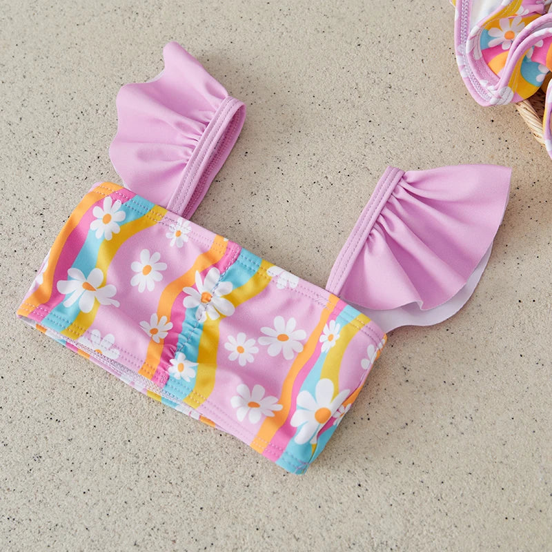 Toddler Girls 3Pcs Swimsuits Rainbow Floral Print Ruffle Bikini Sets with Hat