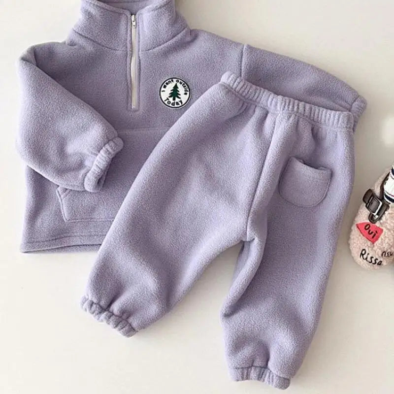 Children Thicken Sweatshirt Girls Solid Cotton Long Sleeve Pullover Tops+ Pant Suits