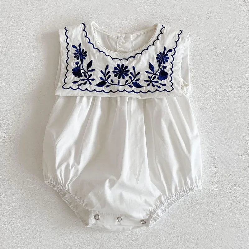 Baby Girls Jumpsuit Navy Collar Embroidery Cotton Newborn Bodysuits