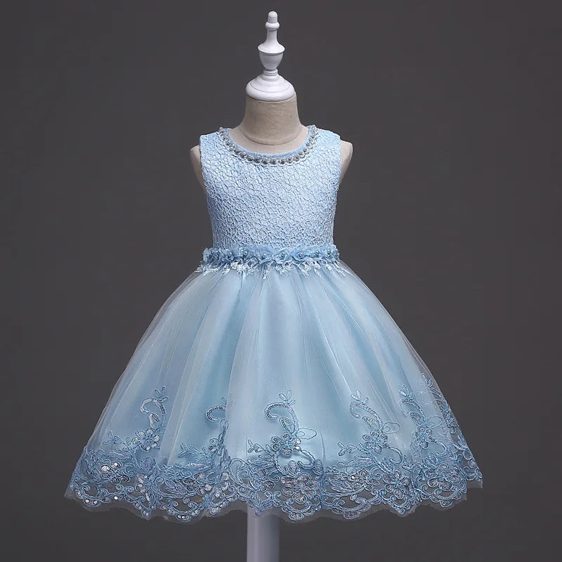 Flower Girls Party dresses for New Year Baby Girls Sleeveless Pearl Princess Wedding Dress Children Clothes