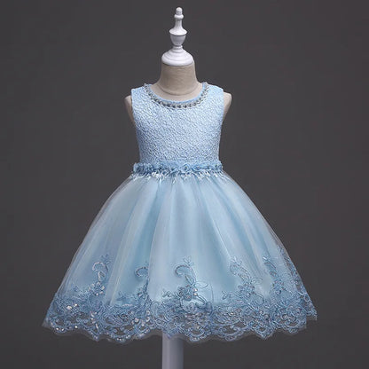 Flower Girls Party dresses for New Year Baby Girls Sleeveless Pearl Princess Wedding Dress Children Clothes