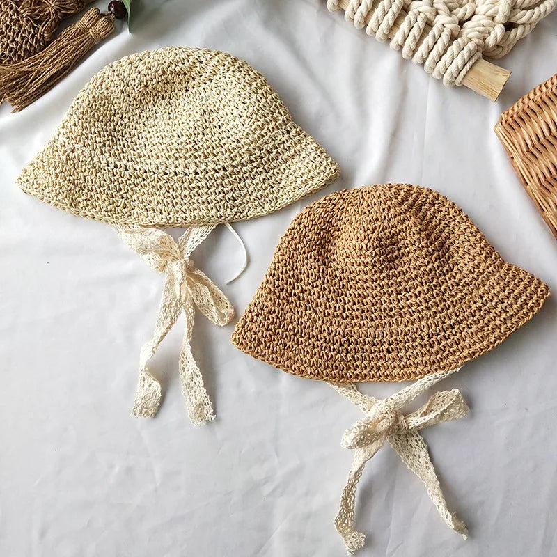 Baby Boy Girl Straw Hats Lace Strap Crochet Children Handmade Foldable Sun Cap