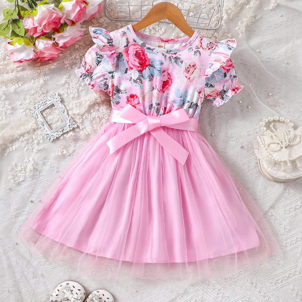 Girls Puff Sleeve Flower Printed Mesh Dress