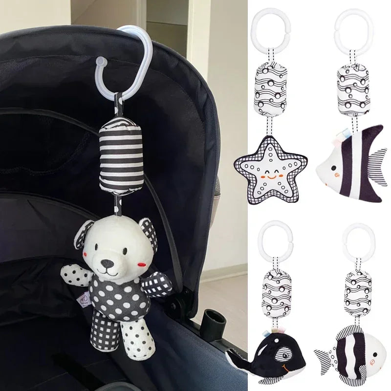 Newborn Black White Visual Grab Ability Training Toys Stroller Bed Hanging Bell Plush Doll