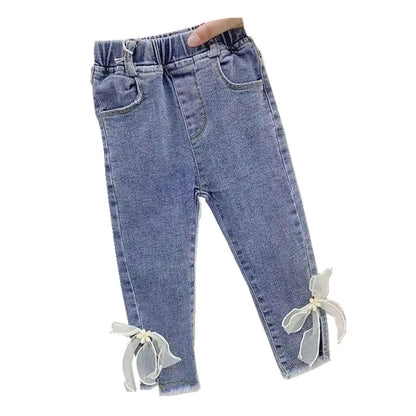 Girls Denim Pants Elastic Waist Mesh Bowknot Harem Baby Girls Pants