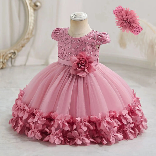 Flower Princess Dress For Girls Cute Bowknot Petal Clothes Baby Girl Gowns