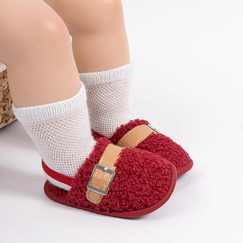 Baby Girl Boy Walking Shoes Fleece Lined Closed Toe Sandal Slippers with Decorative Buckle