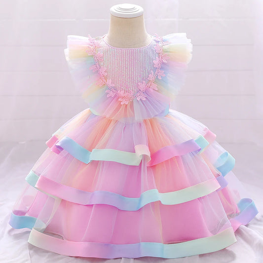 Girls Flower Dress Rainbow Mermaid Birthday Princess Party Wedding