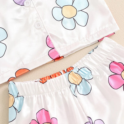 Little Girls Floral Print Pajama Set Single Breasted Tops Elastic Waistband Shorts Outfits