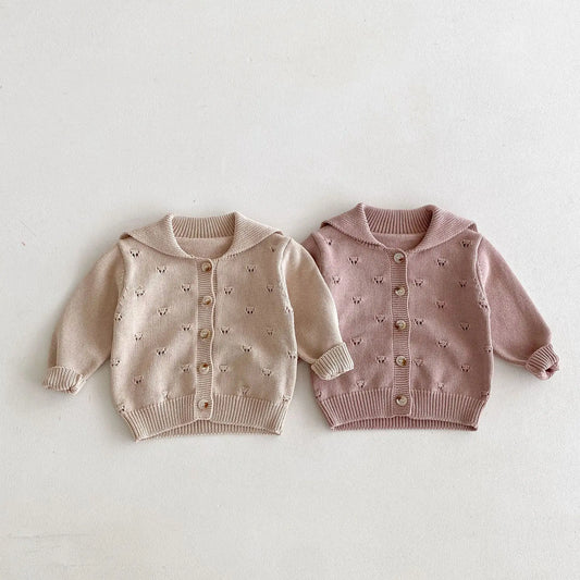 Baby Girls Lapel Hollow Out Knitwear Kids Casual Knitted Cardigan Jacket Clothes