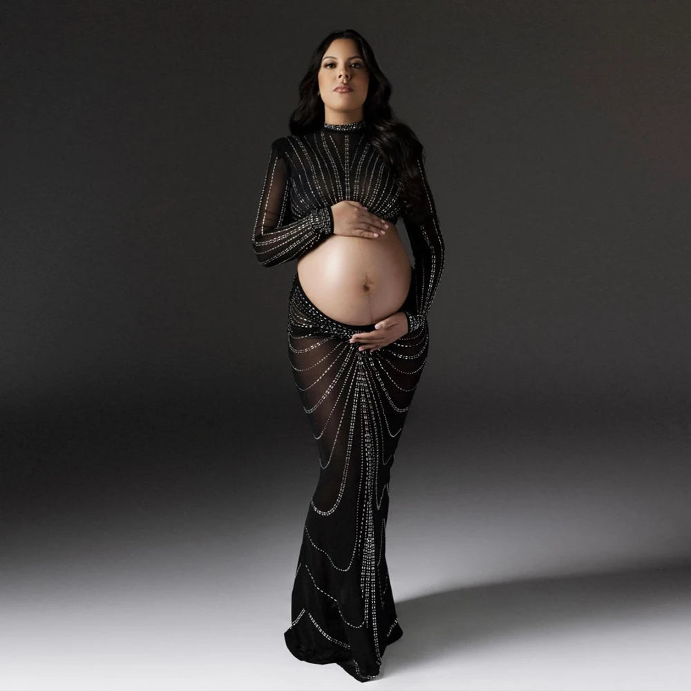 Maternity Photography Clothing Party Dresses Elastic Mesh Nail Drill Dress  For Women