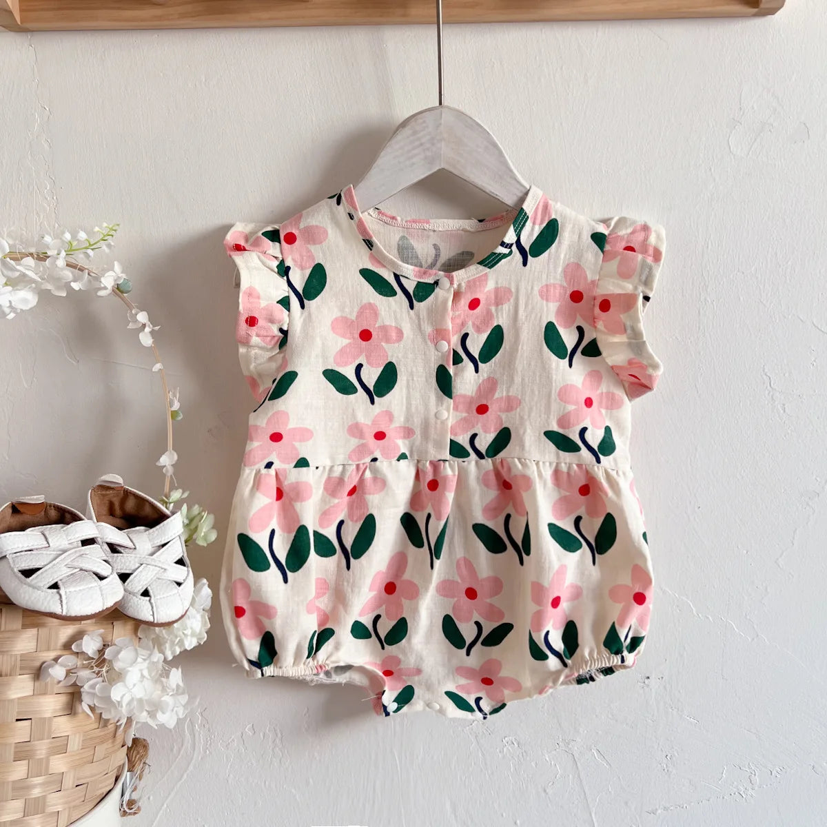 Newborn Flower Fly Sleeve Bodysuit Cotton Cute Boy Girl Infant Floral Print Loose Onesie