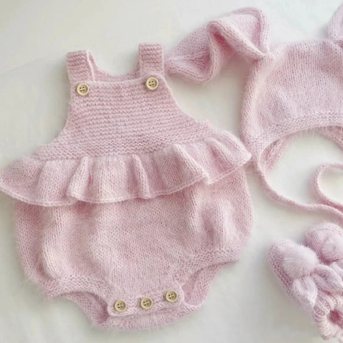 Baby Sleeveless Knitted Strap Bodysuit + Rabbit Ears Hat