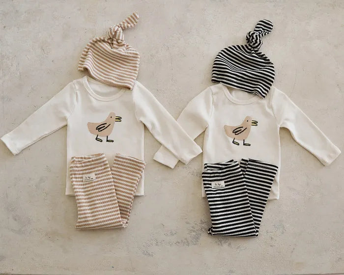 Baby Long Sleeve Home Clothes Set Infant Cartoon Tops + Pants + Hat 3pcs Suit