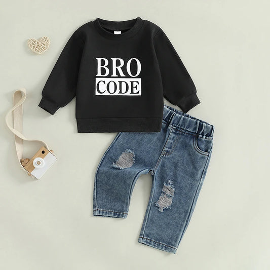 Baby Boy Letter Print Sweatshirt Ripped Denim Pants