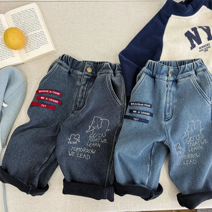 Boys Casual Pants Plus Velvet Thick Letter Embroidery Jeans