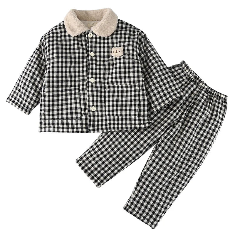 New Children Pajamas Suit Fashion Plaid Boys Girls Thicken Warm Home Clothes Set