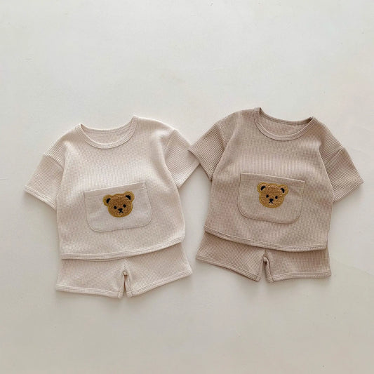 Newborn Baby Clothing Sets Waffle Bear Tee And Shorts 2 Pcs Suit