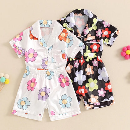 Little Girls Floral Print Pajama Set Single Breasted Tops Elastic Waistband Shorts Outfits