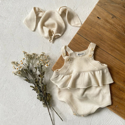 Baby Sleeveless Knitted Strap Bodysuit + Rabbit Ears Hat