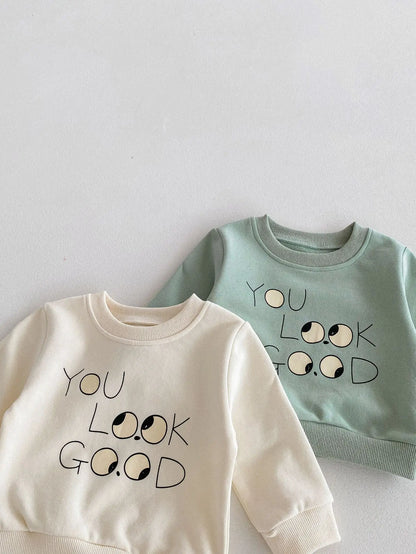 Boy Girl Cartoon Pullover Shirt Set Baby Letter Print Tops + Pants 2ps