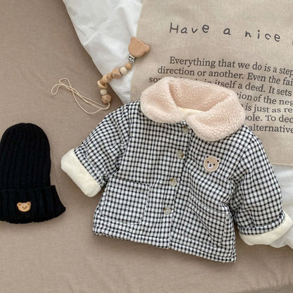 New Baby Girls Cute Bear Warm Coat infant Boys Lapel Plaid Padded Jacket