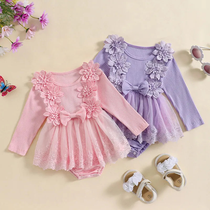 Baby Girl Bodysuit Cute 3D Bow Flower Patchwork Lace Ribbed Jumpsuit