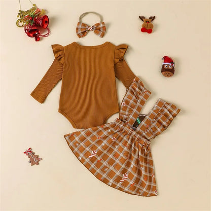 Baby Girls Fall Outfit Romper and Christmas Tree Plaid Print Suspender Skirt Headband