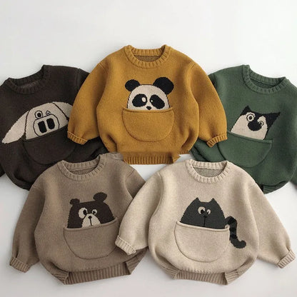 New Cartoon Pullover Sweater Boys Pocket Panda Knitted Shirt Girls Loose Cute Tops