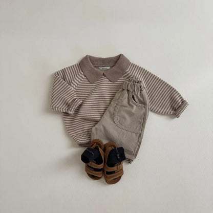 Children Long Sleeve Knit Sweater Kids Boys Girls Vintage Striped Lapel Sweater