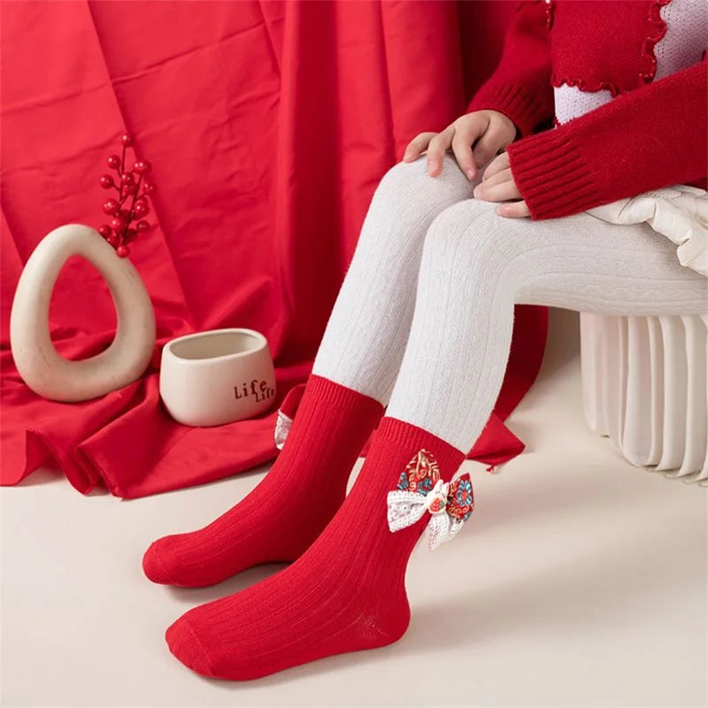 New Year Socks for Girls Rabbit Bowknot Red Toddler Sweet Anti-Skid