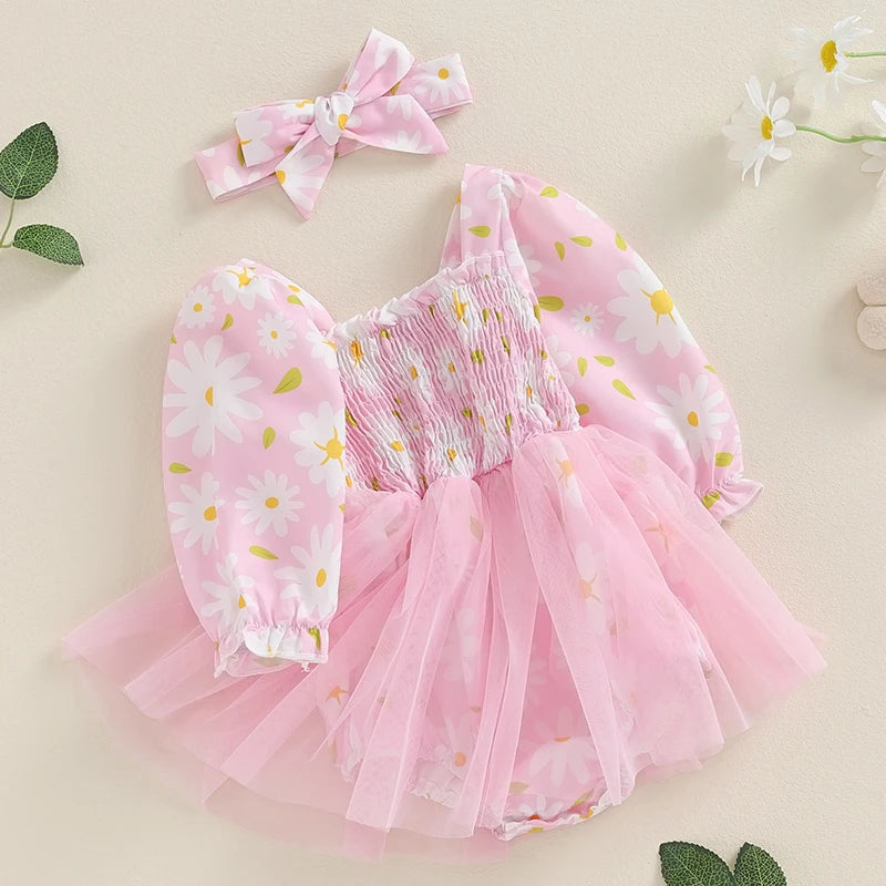 Baby Girl 2 Piece Summer Set, Flower Print Romper Dress Bow Headband