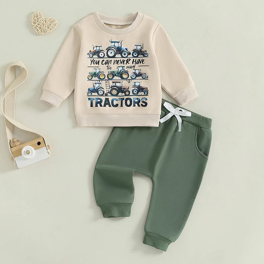 Baby Boy Track Suit Tractor Letter Print Sweatshirt and Elastic Pants 2 Piece