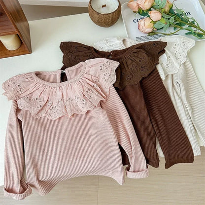 Girls Tops Ruffle Collar Long Sleeve T-Shirt