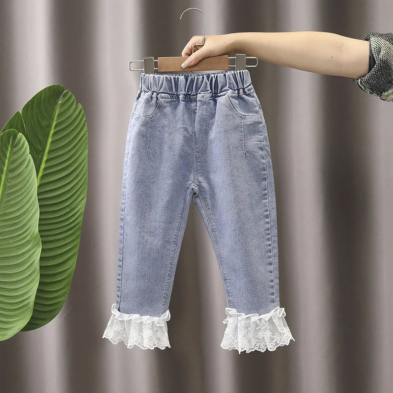 Girls Denim Pants Elastic Waist Mesh Bowknot Harem Baby Girls Pants