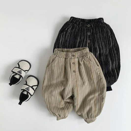 New Thick Casual Pants Boys Corduroy Warm Pants Girls Fleece Striped Trousers