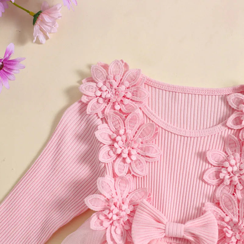 Baby Girl Bodysuit Cute 3D Bow Flower Patchwork Lace Ribbed Jumpsuit