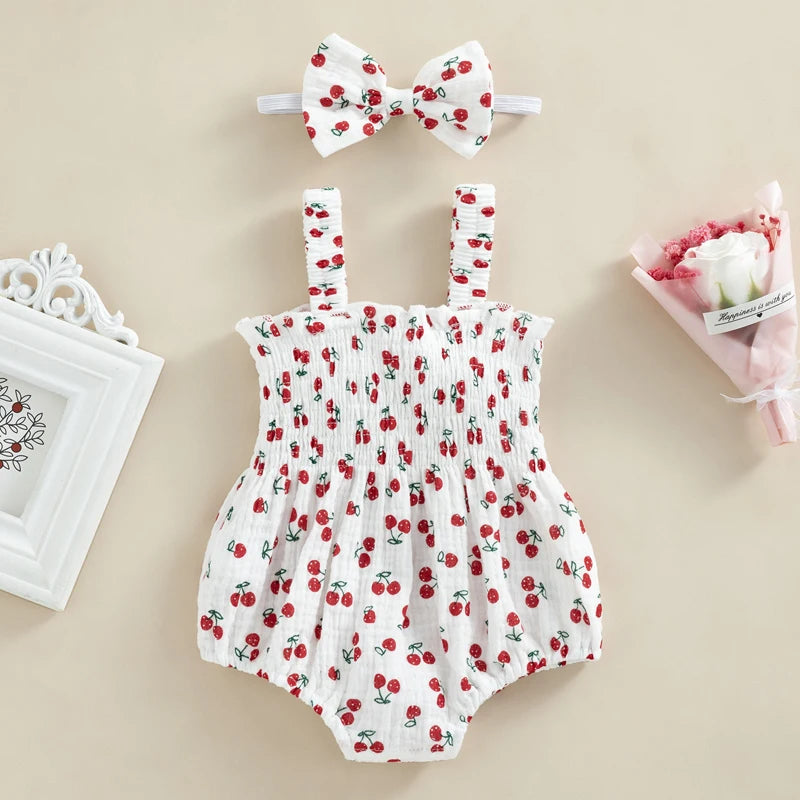 Newborn Infant Girls Carrot Print Sleeveless Cotton Linen Bodysuits Jumpsuits Headband