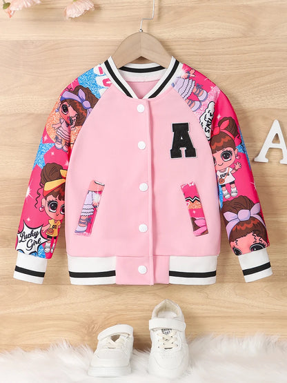 Girls Letter“A” Pattern Cartoon Doll Print Baseball Uniform Jacket