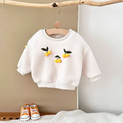 Fashion Baby Girl Thick Lamb Wool Fabric Embroidery Infant Baby Pullover top Outwear