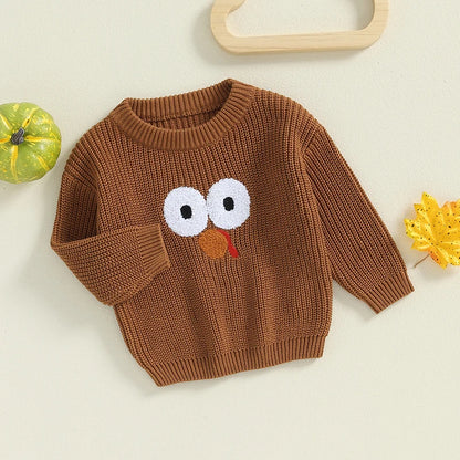 Boys Sweater Turkey Embroidery Crew Neck Long Sleeve Tops