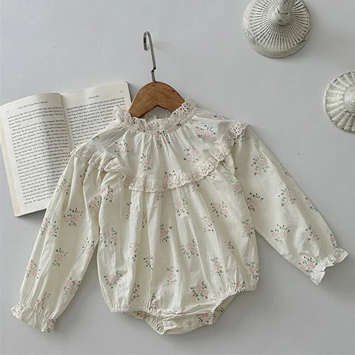 Infant Baby Girls Jumpsuit Long Sleeved Cotton Mesh Splicing Toddler Romper