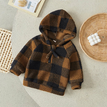 Baby Plaid Hoodies Winter Warm Long Sleeve Half Zip Hooded Sweatshirt