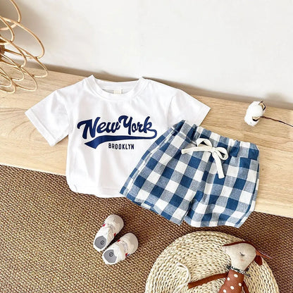 Newborn Baby Boys/Girls Clothing Set New York Print T-shirt+Checkered Shorts